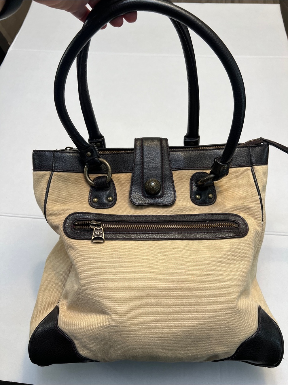 VINTAGE Y2K GAP 1969 CANVAS & LEATHER LARGE TOTE BAG BROWN CREAM
